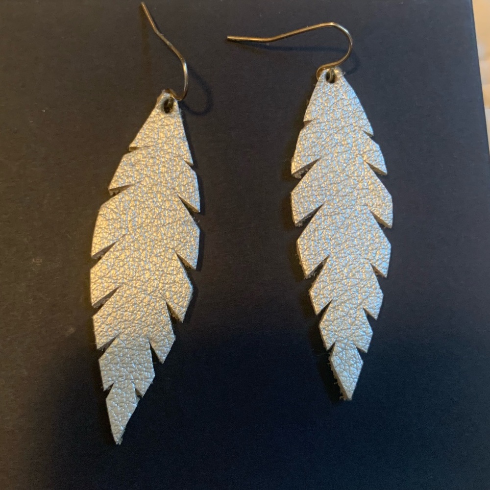 gold leather feather earrings